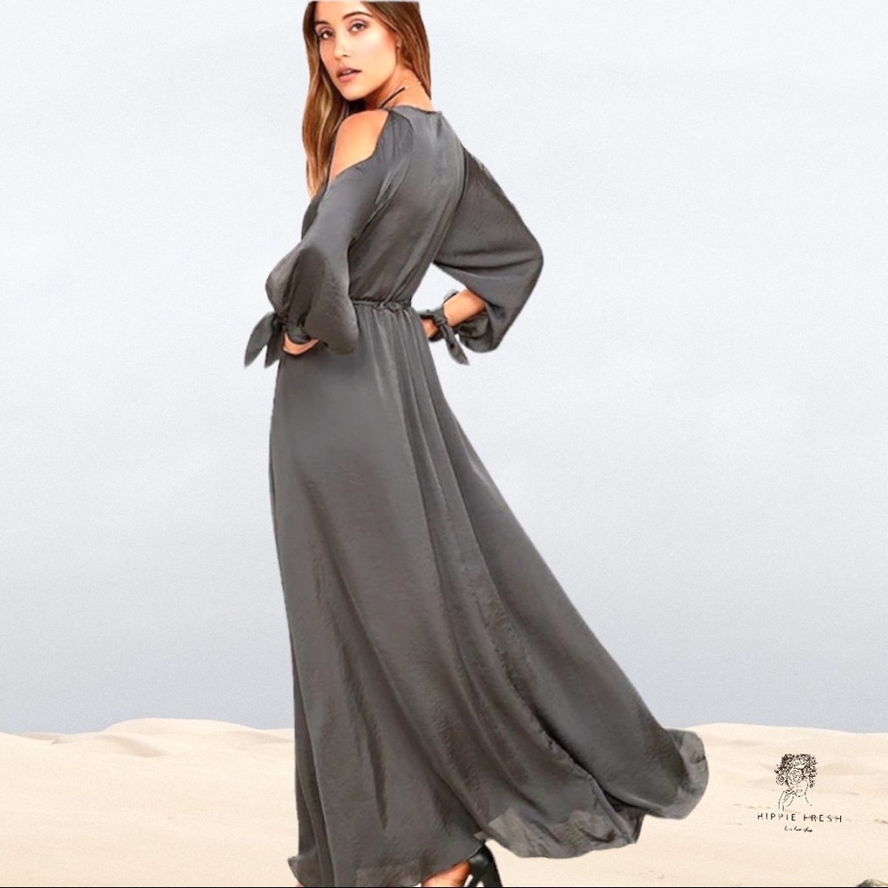 Lulu’s Owning It Charcoal Grey Satin Maxi Dress M